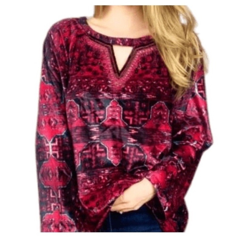 Soft Surroundings Velvet Beaded Top M Red Pink Rhinestone Embellished  Blouse